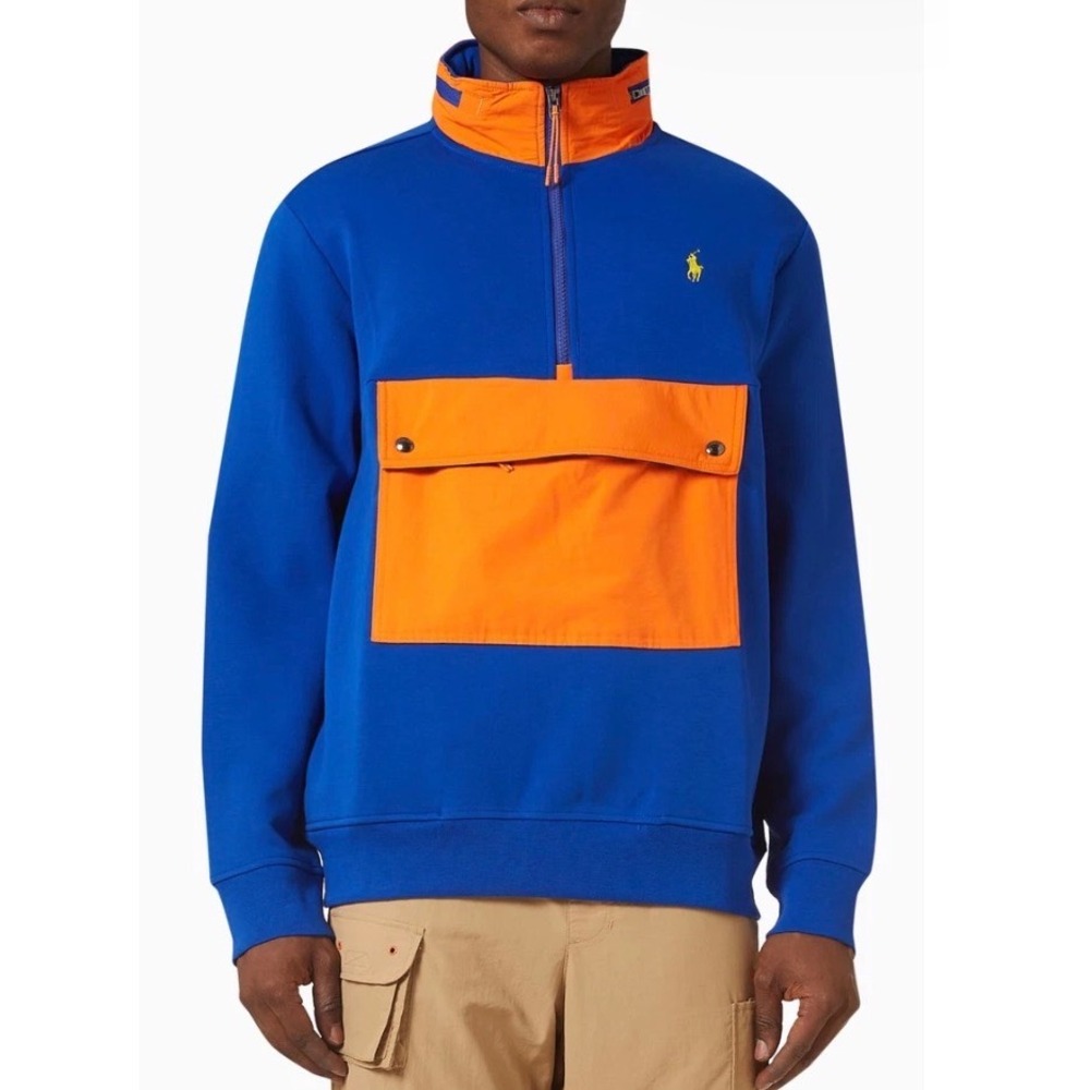 Polo Ralph Lauren Performance Hybrid Half Zip Hoodie Blue Orange Est M